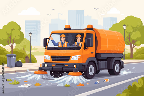 Street Sweeper Truck Cleaning City Road with Professional Workers in Orange Vests, Flat Vector Illustration of Urban Sanitation Service, Waste Management and Public Maintenance Concept Scene
