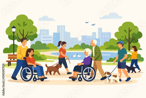 Inclusive City Park Scene with Elderly and Disabled People in Wheelchairs, Couples Walking, and Pet Owners with Dogs Near a Pond, Flat Vector Illustration of Community and Accessibility Concept.