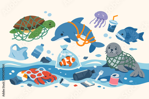 Marine Animals Facing Danger from Plastic Waste and Fishing Nets; Dolphin, Turtle, Seal, and Fish Trapped in Ocean Pollution; Environmental Awareness and Sea Life Conservation Flat Vector Design