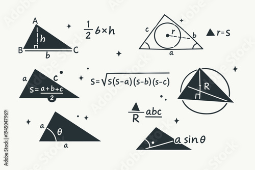 Set of mathematical and scientific formulas for calculating the area of a triangle featuring Heron's formula, base and height, sine rule, and radius of incircle and circumcircle illustrations.