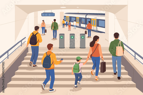 Commuters walking down stairs to catch a train at a busy metro station. Flat vector illustration of people with backpacks and luggage entering a subway platform with turnstiles and a train.