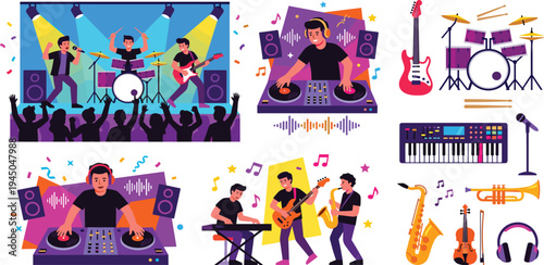 Collection of colorful illustrations depicting various musical elements, instruments, and live performances