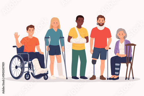 Diverse group of people with physical disabilities and injuries including man in wheelchair with leg cast, woman on crutches, man with arm sling, amputee with prosthetic leg and neck brace.