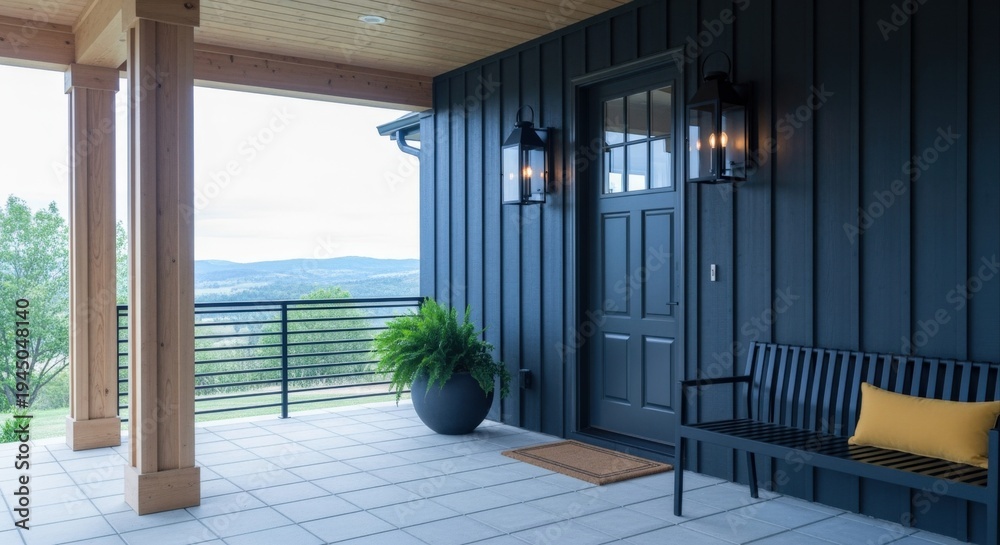 Fototapeta premium Stylish home exterior featuring dark siding, a welcoming porch, decorative lanterns, and scenic views