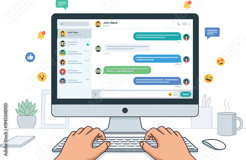 Modern Computer Setup with Hands Typing on Keyboard and Messaging App Interface on Screen