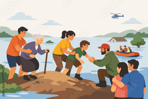 People Helping Each Other Move to Higher Ground During a Flood Disaster with Rescue Teams, Helicopter, and Boat Providing Emergency Aid to Victims in a Submerged Area, Vector Illustration