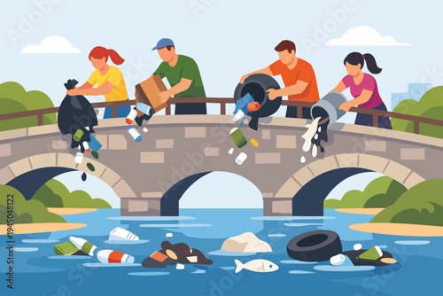 People Dumping Rubbish and Waste into a River from a Bridge, Flat Vector Illustration of Environmental Pollution, Water Contamination, Illegal Garbage Disposal, and Ecological Damage Scene.
