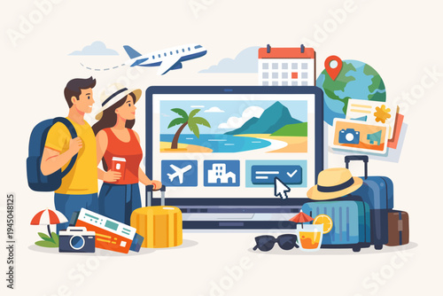 Online Travel Booking Concept with a Couple Using a Laptop to Plan a Beach Vacation, Featuring Airline Tickets, Suitcases, Globe, and Tropical Destination Icons in a Flat Vector Design Style.