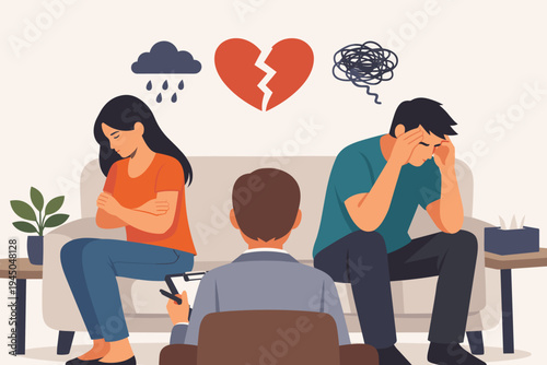 Young Couple in Marriage Counseling Session, Sad Man and Woman Sitting on Sofa with Therapist, Relationship Problems, Divorce Prevention, Mental Health Support, Flat Vector Illustration Concept