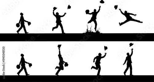 Businessman silhouette sequence celebrating success by throwing hat vector illustration, career achievement and motivation concept isolated on light background for corporate lifestyle design