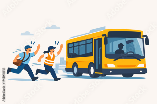 Two workers in uniform running and shouting to catch a yellow city bus driving away. Flat vector illustration of people missing public transport, commuting to work, and urban life concept.
