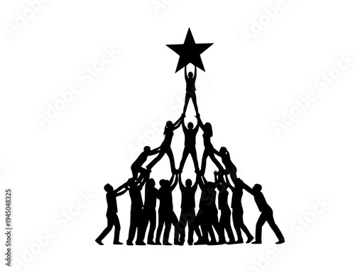 Teamwork concept human pyramid silhouette reaching for the star
