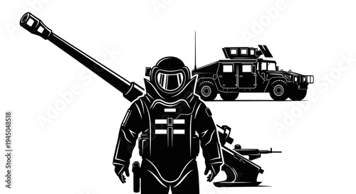 Bomb Disposal Expert in Hazmat Suit with Military Vehicle and Cannon