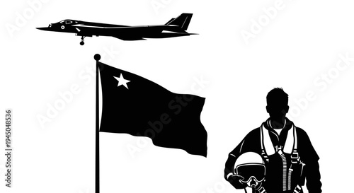Chinese Air Force Pilot, Fighter Jet, and National Flag Silhouette