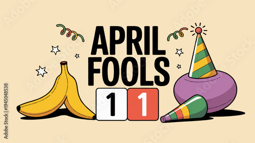Colorful april fools' day illustration with bananas party hat and prankster symbols on beige background