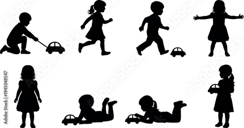 Children playing silhouette collection with boys and girls running, standing and lying with toy cars vector illustration isolated on white background for childhood activity design
