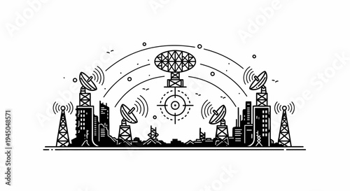 Cityscape with communication towers, radar, and satellite dishes, symbolizing network and connectivity.