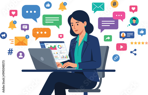Dynamic professional managing comprehensive digital communication and social media, utilizing online platforms for effective connectivity and global information exchange