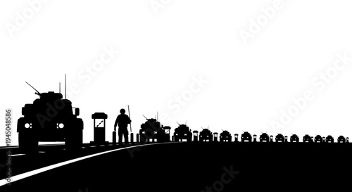 Convoy of Vehicles and Military Truck at Gas Station Silhouette