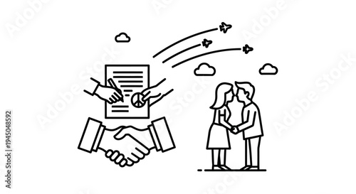 Couple signing contract, shaking hands, celebrating success with stars and clouds