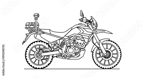 Dual Sport Motorcycle with GPS Antenna and Luggage Rack, Line Drawing