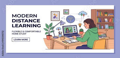 Empowering the Future of Education A Young Woman Engages in Modern Distance Learning and Remote Study, Utilizing Advanced Online Platforms from a Cozy Home Environment