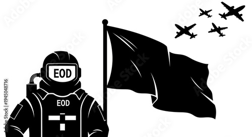 EOD soldier, black flag, and fighter jets in silhouette