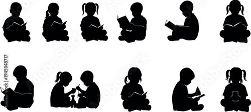 Children reading silhouette collection with kids sitting and holding books vector illustration, education learning activity icons isolated on light background for school design