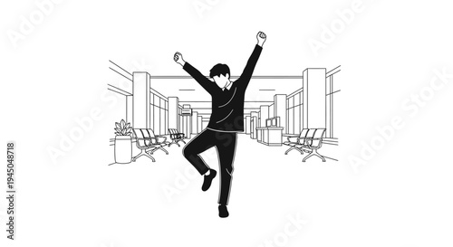 Excited businessman dancing in office, celebrating success, joy, achievement, freedom, energetic pose
