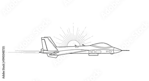 Fighter Jet Flying at Sunrise with Sunburst Effect - Vector Art