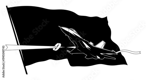 Fighter Jet Flying Through Black Flag with Laser Beam