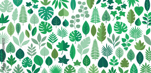 Vibrant array of diverse green leaves forming a captivating seamless pattern, perfect for natural and ecological design themes, showcasing a rich variety of botanical elements