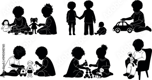 Children playing silhouette collection with kids sitting and interacting with toys vector illustration, childhood activity icons isolated on light background for education and parenting design