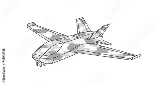 Futuristic stealth drone aircraft with digital camouflage pattern, aerial view