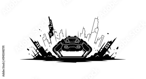 Futuristic vehicle in a destroyed city, sci-fi, dystopian, black and white.