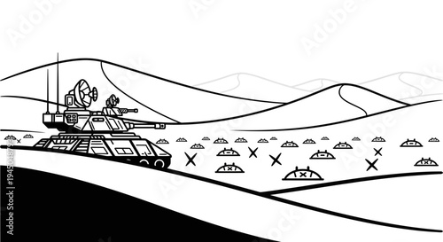 Futuristic Tank Patrols Desert Landscape with Mines and Dunes