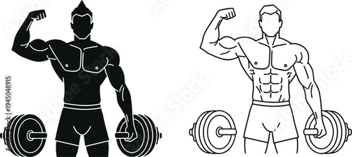 Strong muscular bodybuilder lifting heavy barbell flexing biceps vector illustration silhouette and outline fitness athlete strength training gym concept isolated black style