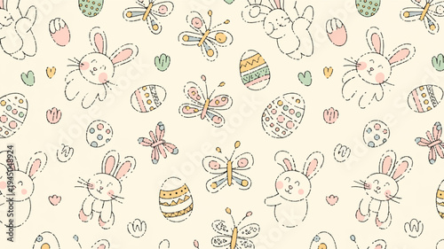 Whimsical easter pattern with cute bunnies colorful eggs butterflies on cream background festive spring design