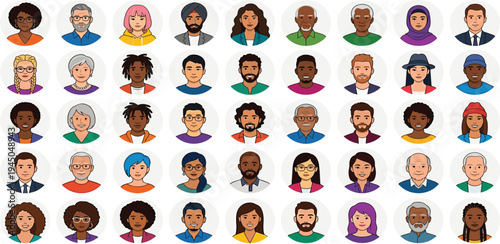 Diverse group of cartoon avatars representing various ages, genders, ethnicities, and styles for profile pictures or user icons on websites and apps