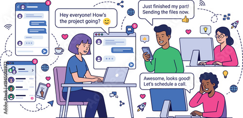 Engaged remote team collaborating seamlessly online, utilizing digital communication tools for project management, idea sharing, and virtual meetings to enhance productivity
