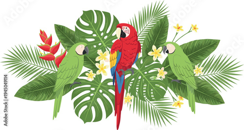Colorful tropical parrots with exotic jungle leaves and flowers, macaw birds surrounded by palm and monstera foliage, vibrant nature illustration isolated on white