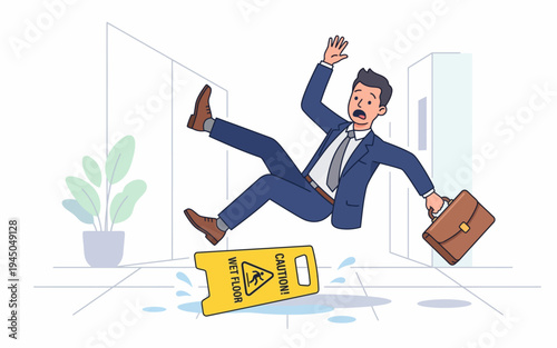 Businessman falls on yellow sign.