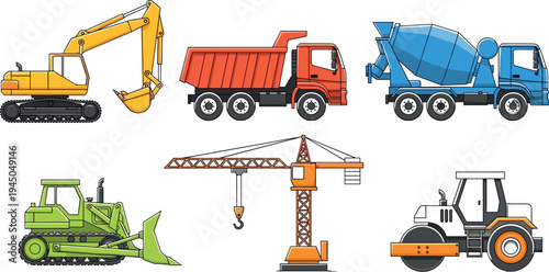 Construction vehicles and heavy machinery vector set including excavator, dump truck, concrete mixer, bulldozer, tower crane and road roller for engineering and building industry