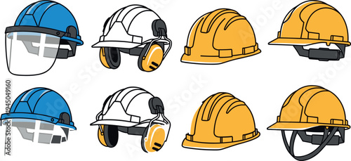 Construction safety helmet collection with face shield and ear protection, industrial hard hat vector set for worker safety equipment, engineering protection gear isolated on background