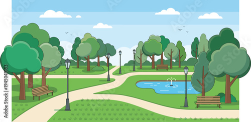 A beautiful sunny day in a lush green park with winding paths, benches, and a tranquil pond