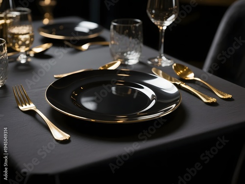 Luxury Black and Gold Table Setting Close Up with Dramatic Moody Lighting