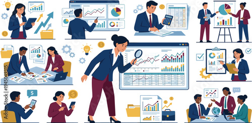 Business team analyzing financial data and graphs on a digital board, improving company performance