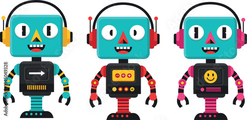 Cute cartoon robot character collection with colorful retro android toys vector illustration, friendly technology mascots isolated on light background for kids design and futuristic concept