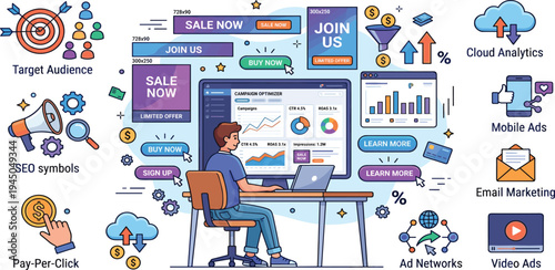 Digital Marketing Concepts and Analytics with Icons for Target Audience, SEO, and Ad Networks