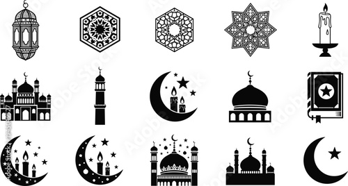 Islamic icons collection lantern crescent moon mosque minaret star geometric patterns artwork illustration, Ramadan Eid celebration design, cultural religious festive concept graphic